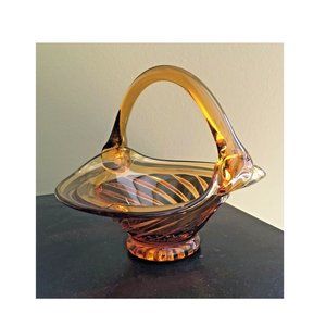 Vintage Amber Gold Glass Swirl Basket Hand Blown Glass w/ Handle Candy Dish Bowl